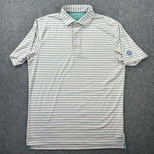 Johnnie-O Polo Shirt Mens Medium White Blue Stripe Performance Golf UPF 50 Troon